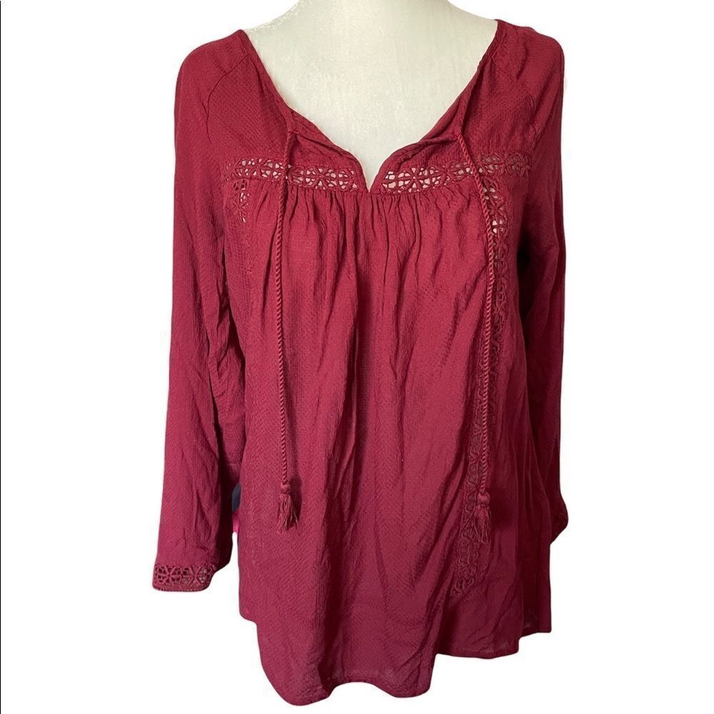 Lucky Brand Burgundy Peasant Top with Embroidery